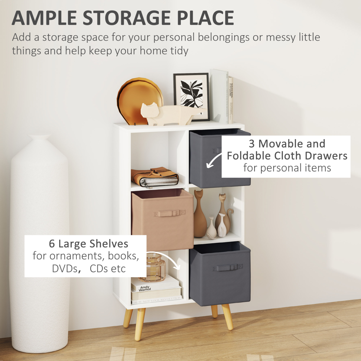 HOMCOM White Freestanding 6 Cube Storage Unit with 3 Cloth Drawers