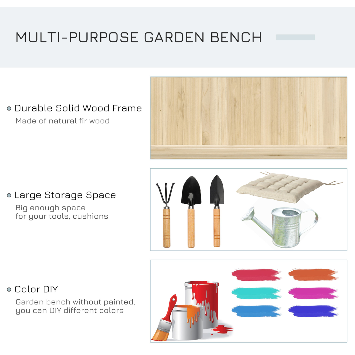 Outsunny Wooden Garden Storage Bench, Ergonomic Outdoor Seating for 2 People, 250kg Max Load, Fir Wood with Varnished Finish