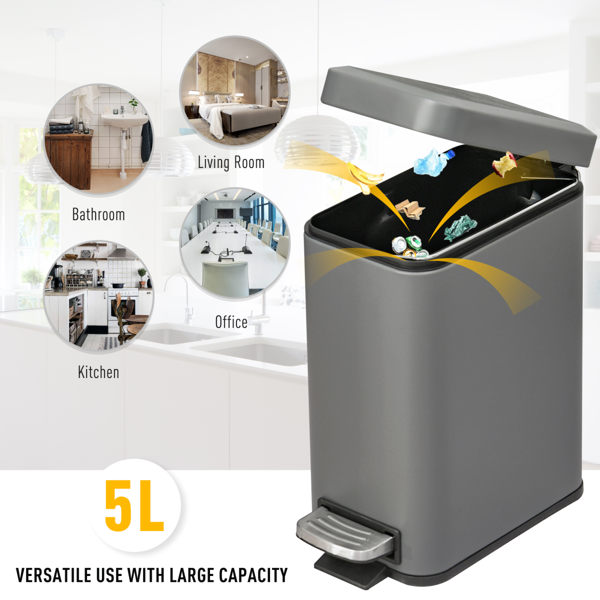 5L Steel Step Trash Can with Soft-Close Lid and Removable Bucket