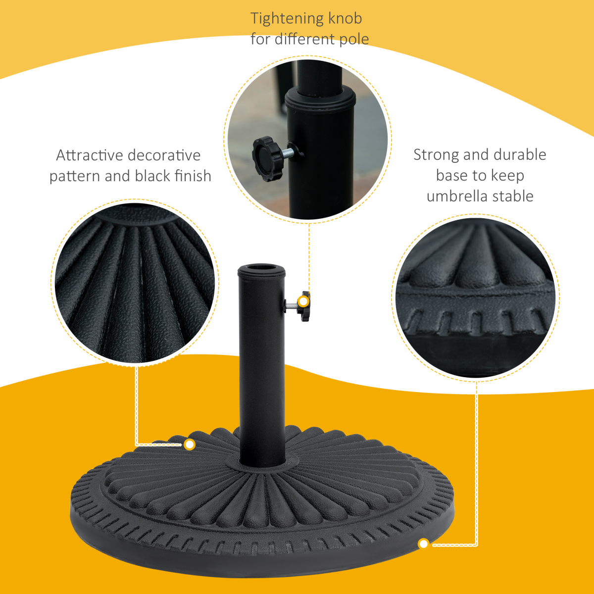 Outsunny Round Parasol Base, Black, Fits 35/38/48mm Umbrella Poles