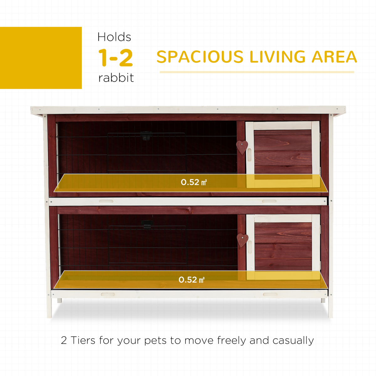 PawHut Two-Tier Elevated Wooden Rabbit Hutch Bunny Cage for Small Pets with Slide-Out Trays and Weather-Resistant Roof