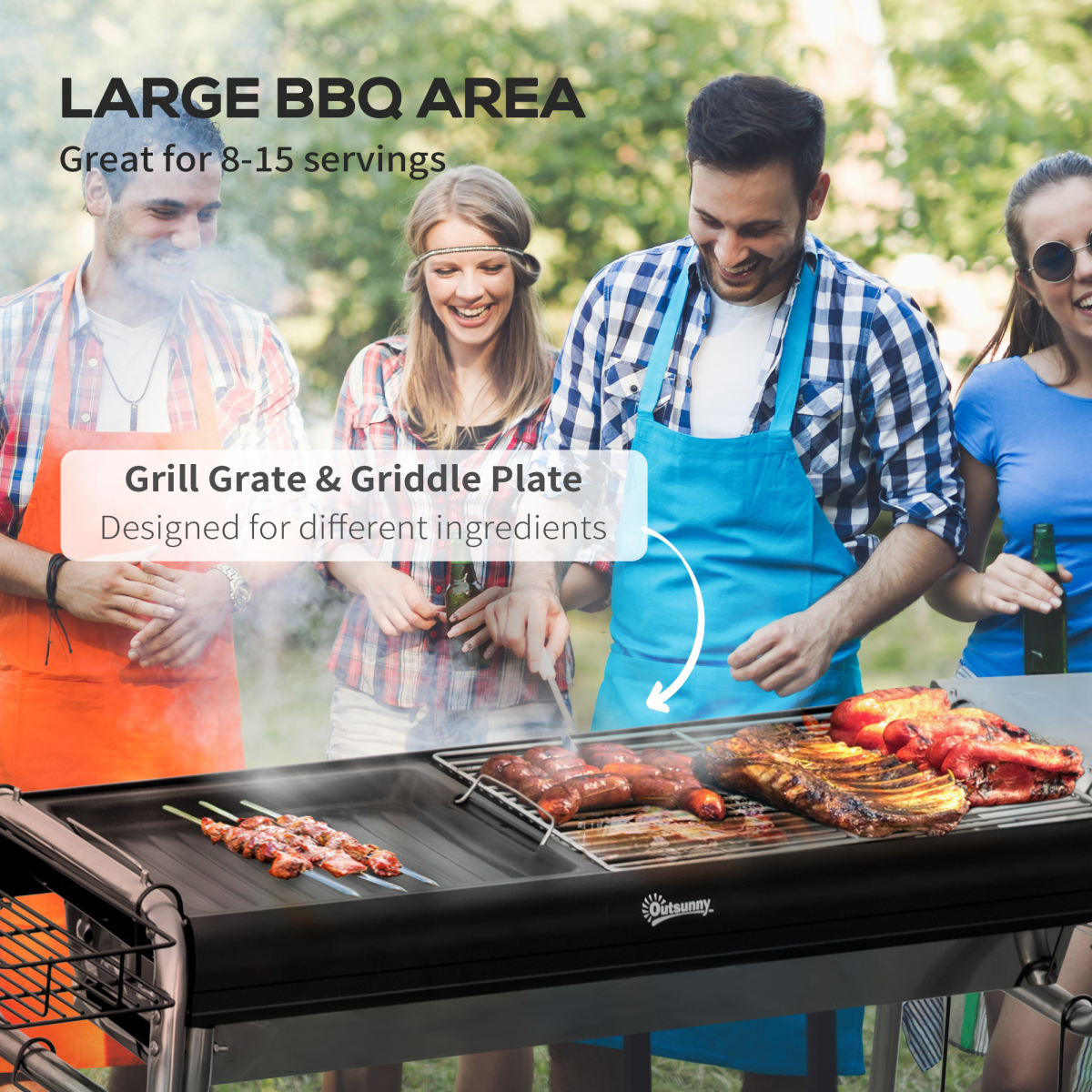 Outsunny Charcoal BBQ Grill with Griddle Plate, Shelves, Black