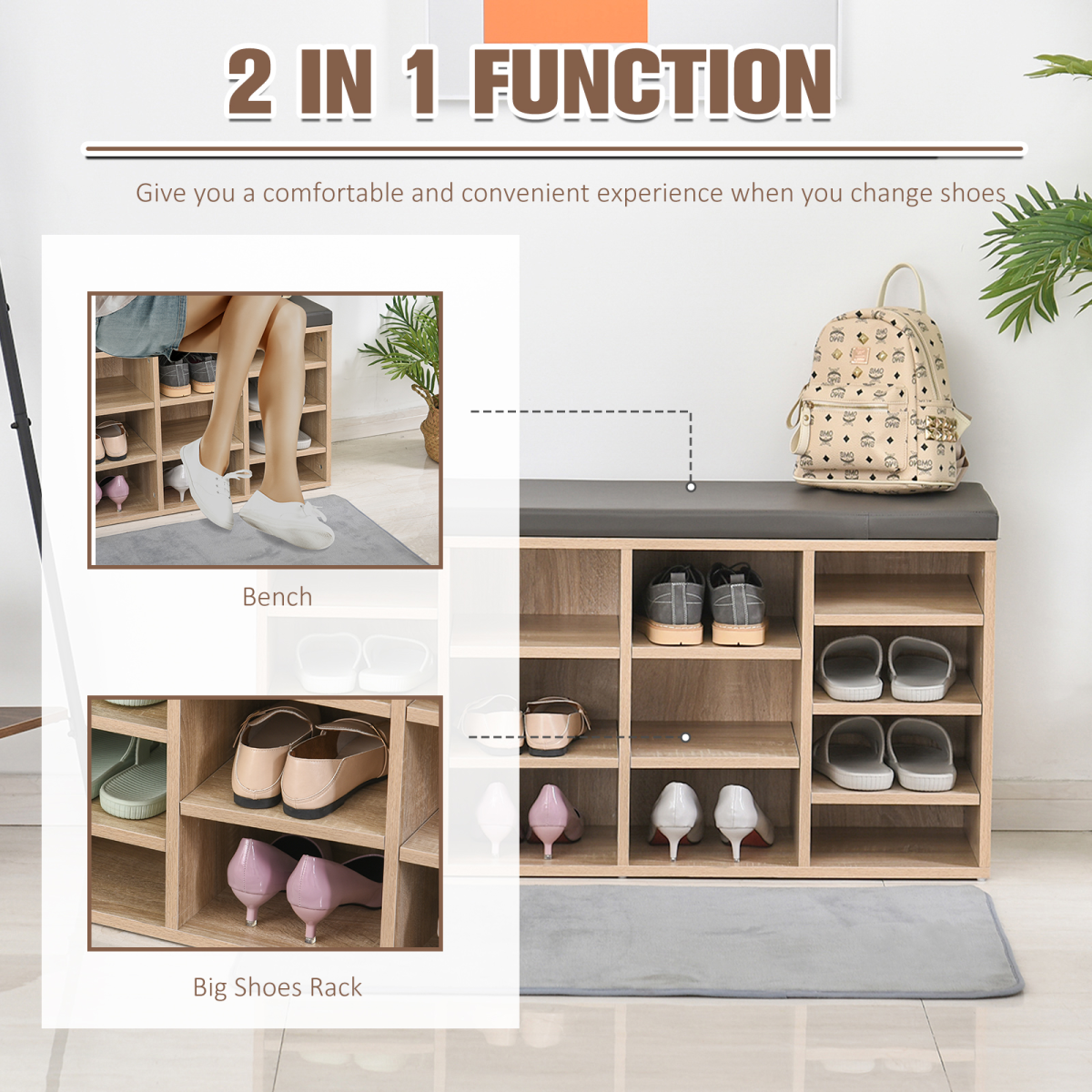 Multi-Storage Shoe Rack 14 Compartments Cushion Moving Shelves Brown