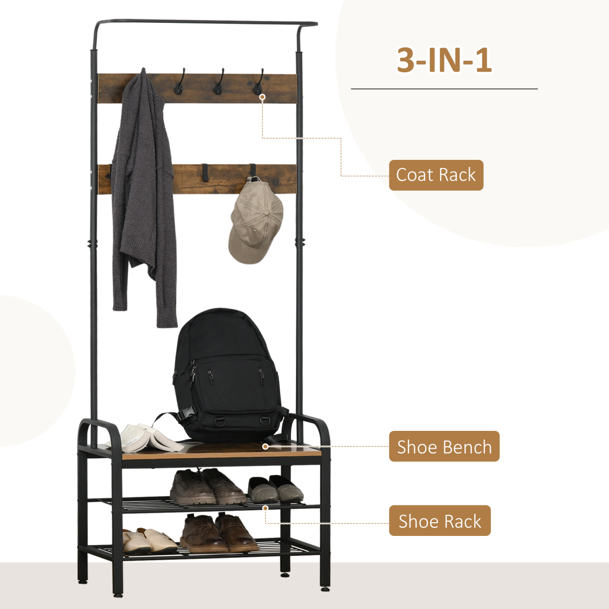 Vintage-Style Coat Rack Stand with 8 Hooks and Shelf, Brown