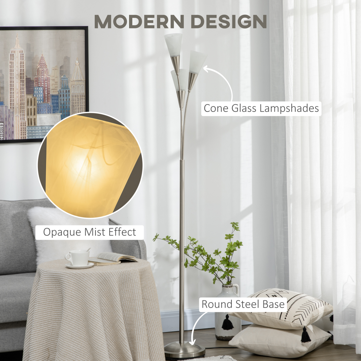 3-Light Upright Floor Lamp, Uplighter Standing Lamp for Home