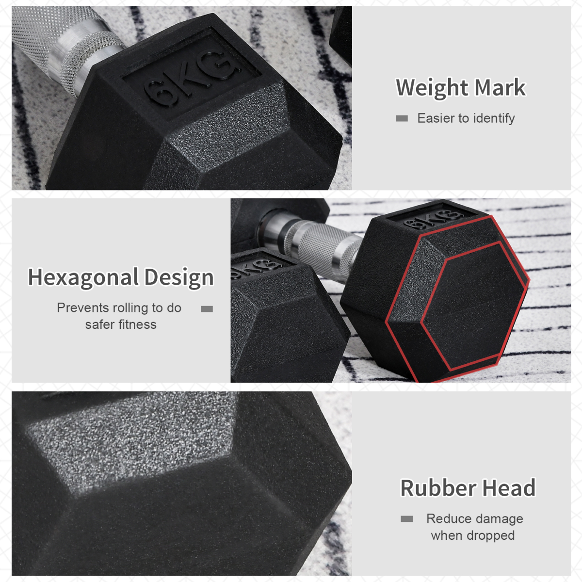 HOMCOM Hexagonal Dumbbells Kit, 2 x 6kg Weight Lifting Dumbbells for Home Fitness