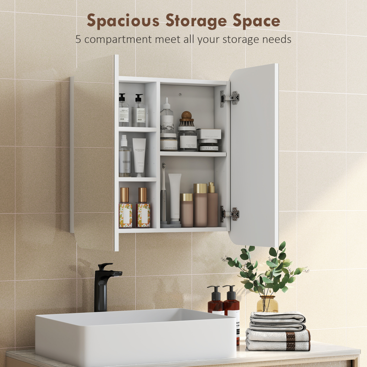 HOMCOM Arched Wall-Mounted Bathroom Mirror Cabinet, White