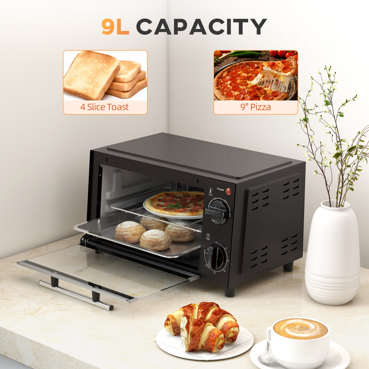 HOMCOM 9L Countertop Electric Mini Oven, 750W Toaster Oven