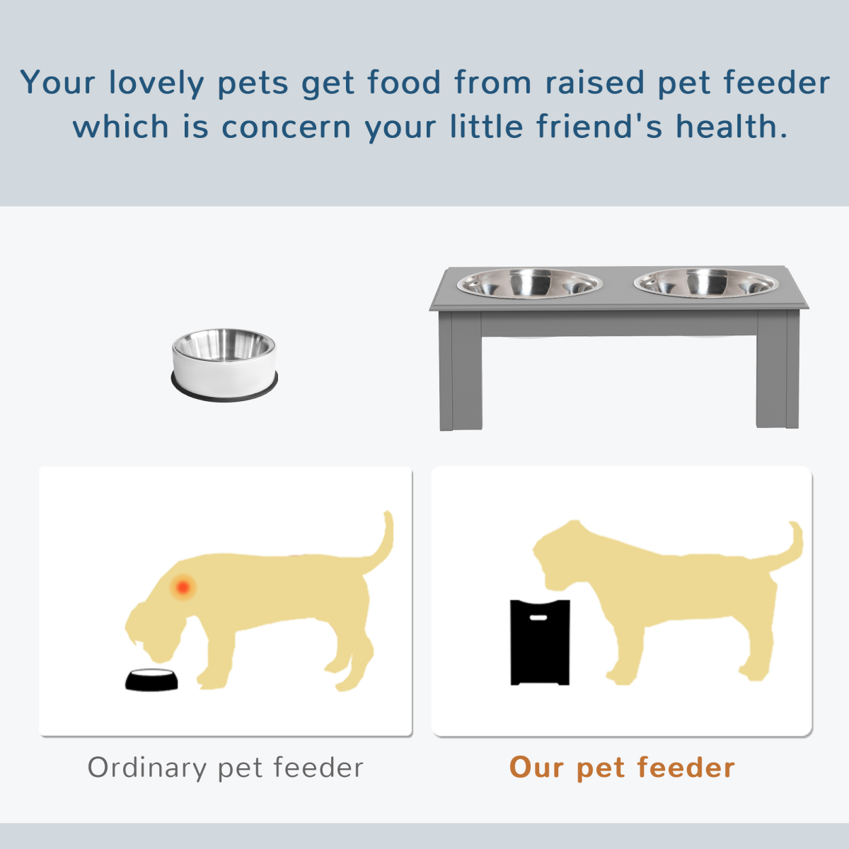 PawHut Elevated Dog Bowl Feeder, Stainless Steel Double Bowl, Grey