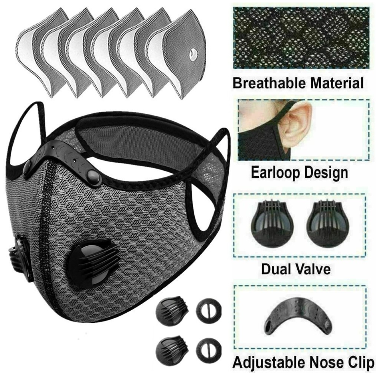 Reusable Half Face Cover Mask w/ Filter Cycling Outdoor Sport Face Mask Grey
