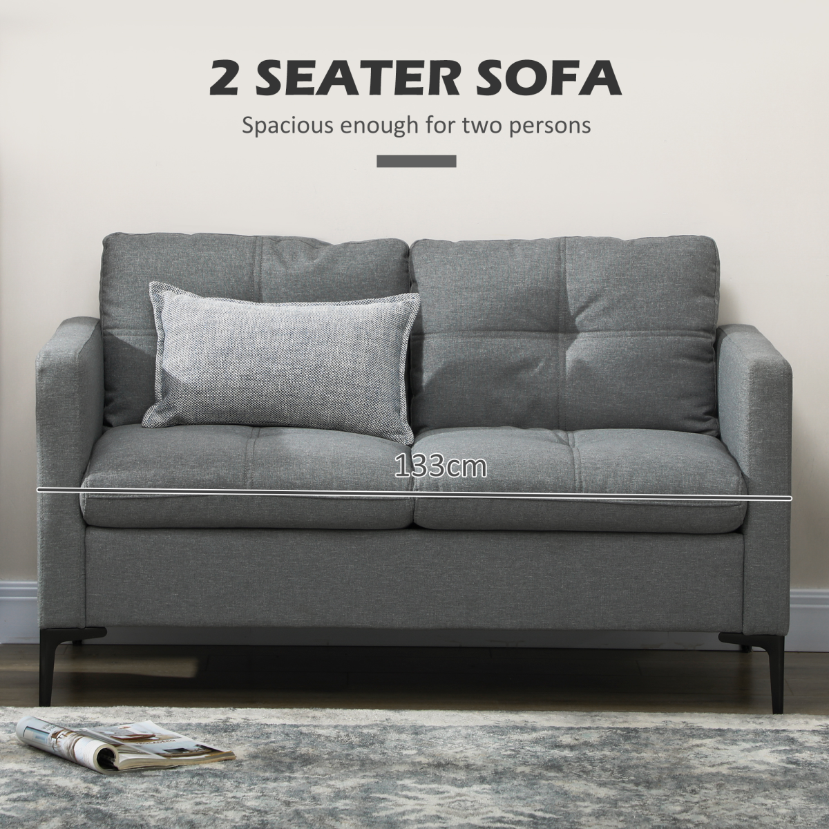 HOMCOM Grey 2 Seater Loveseat Sofa with Cushions, Linen-Effect Upholstered