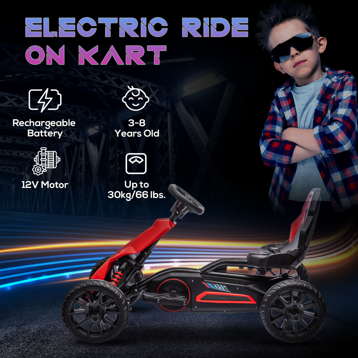 HOMCOM 12V Electric Go Kart, Forward/Reverse, 2 Speeds, Red