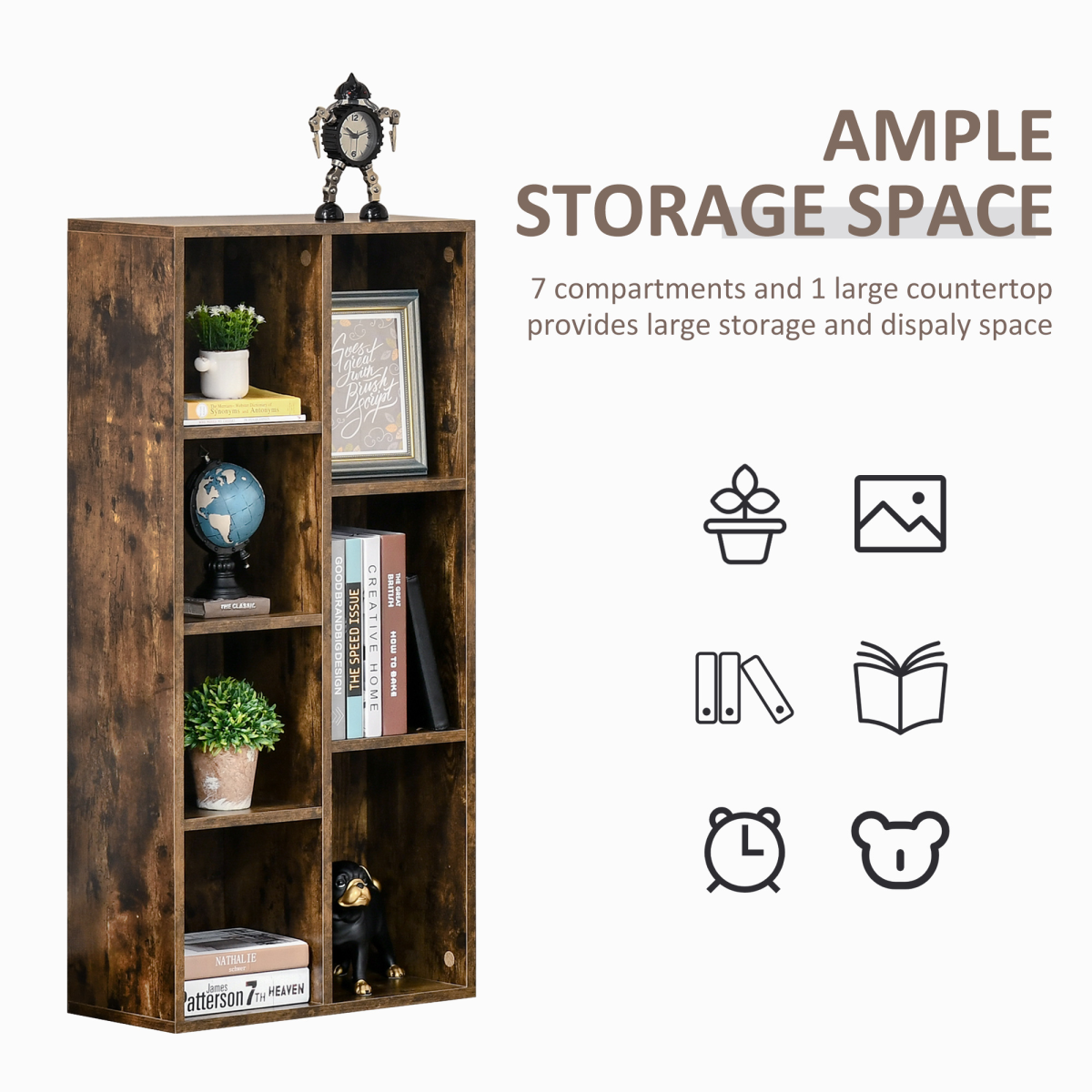 HOMCOM Industrial Bookcase Display Cabinet, 7-Compartment Cube Storage, Rustic Brown