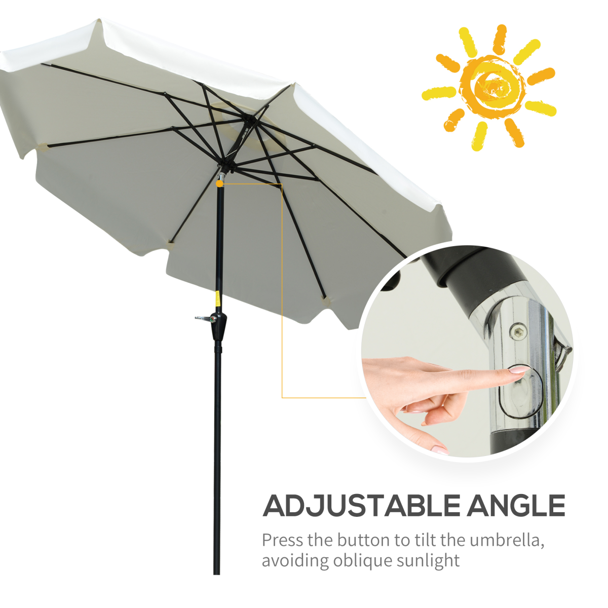 Outsunny 2.66m Patio Umbrella Parasol, Cream White, Scalloped Edge, Crank Lift, Tilting Canopy