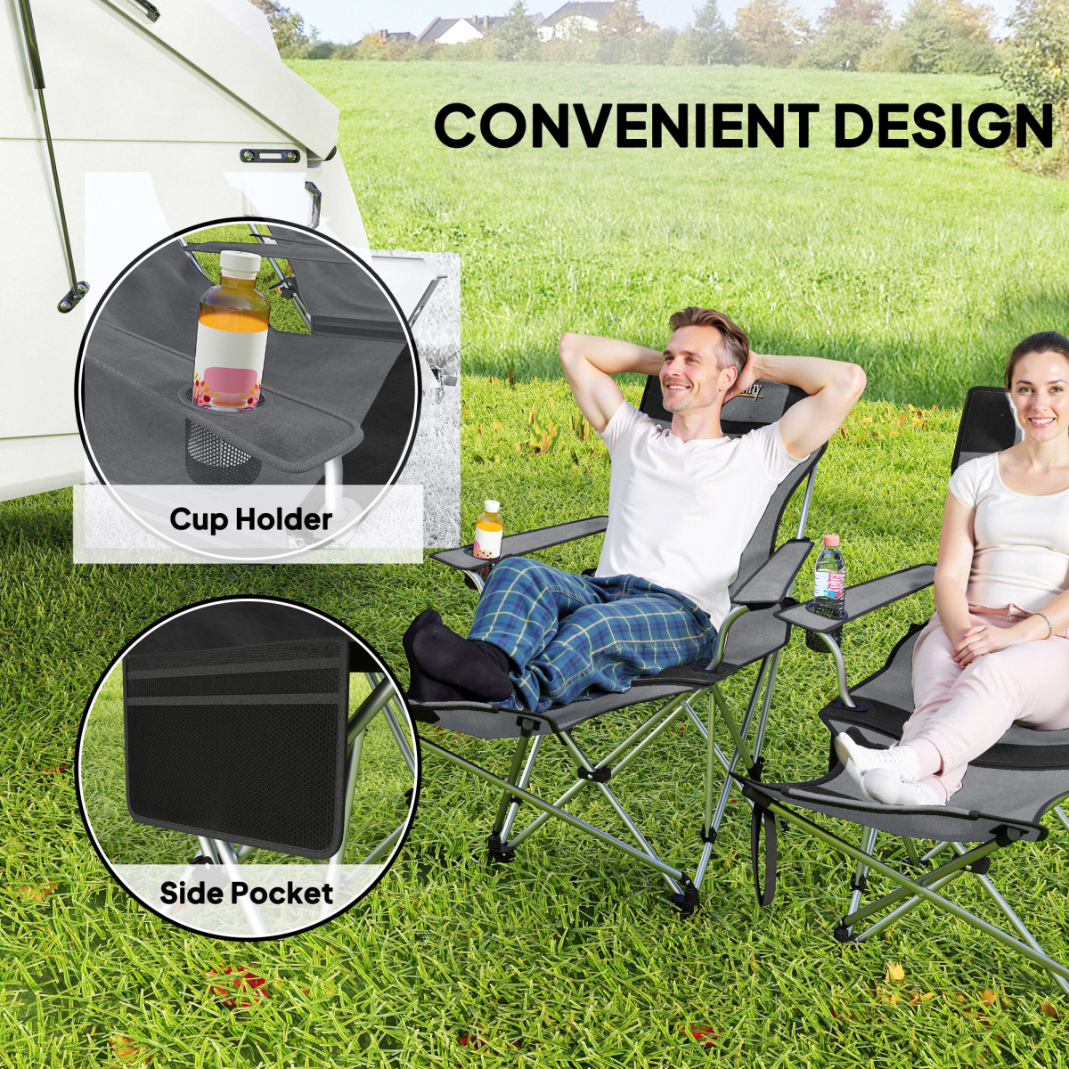 Outsunny Set of 2 Folding Reclining Camping Chairs with Footrest