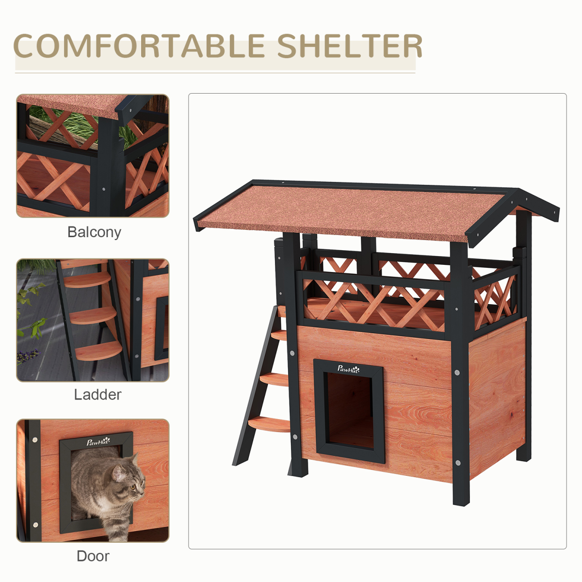PawHut Outdoor Fir Wood Cat House with Balcony, Stairs & Roof