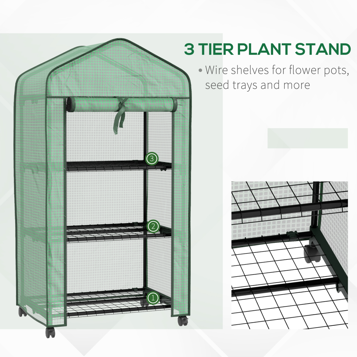 Outsunny Portable Mini Greenhouse with Wheels and Roll-Up Door, Green