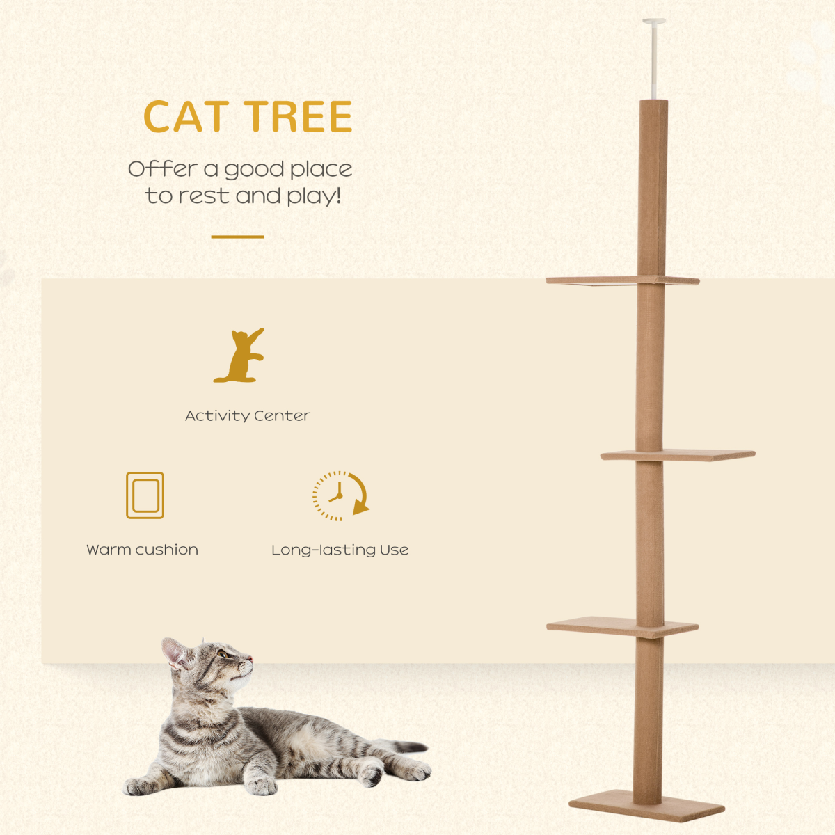 PawHut 260cm Floor-to-Ceiling Cat Tree for Indoor Cats, Adjustable Height, 4 Platforms, Brown