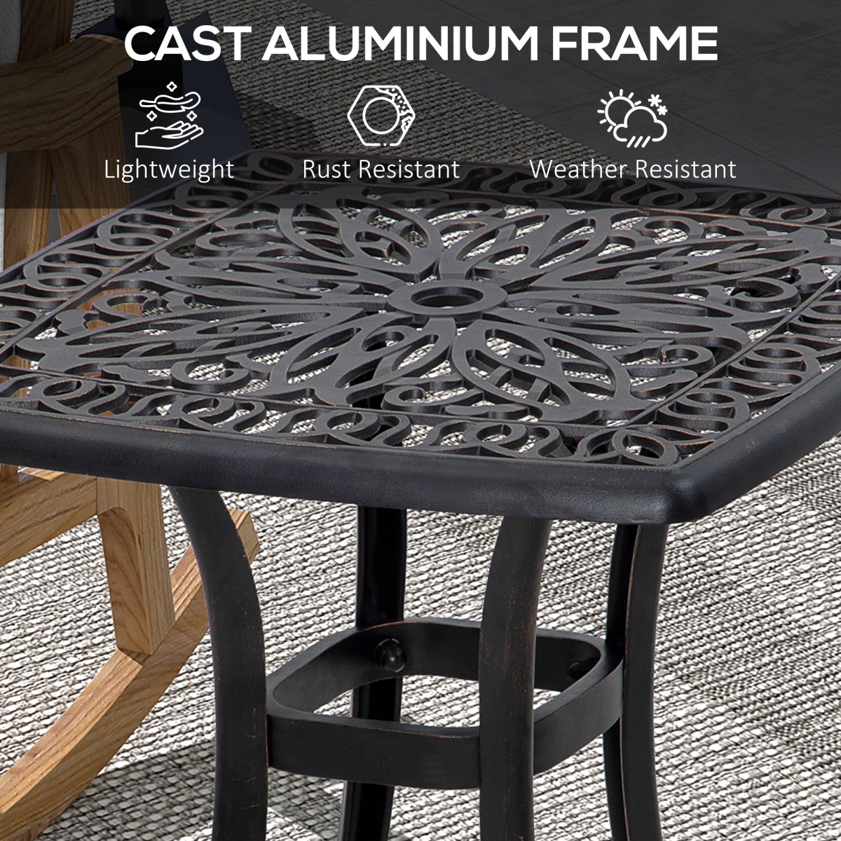 Outsunny Cast Aluminium Bistro Table with Umbrella Hole, Bronze Tone, 53 x 53 cm Square