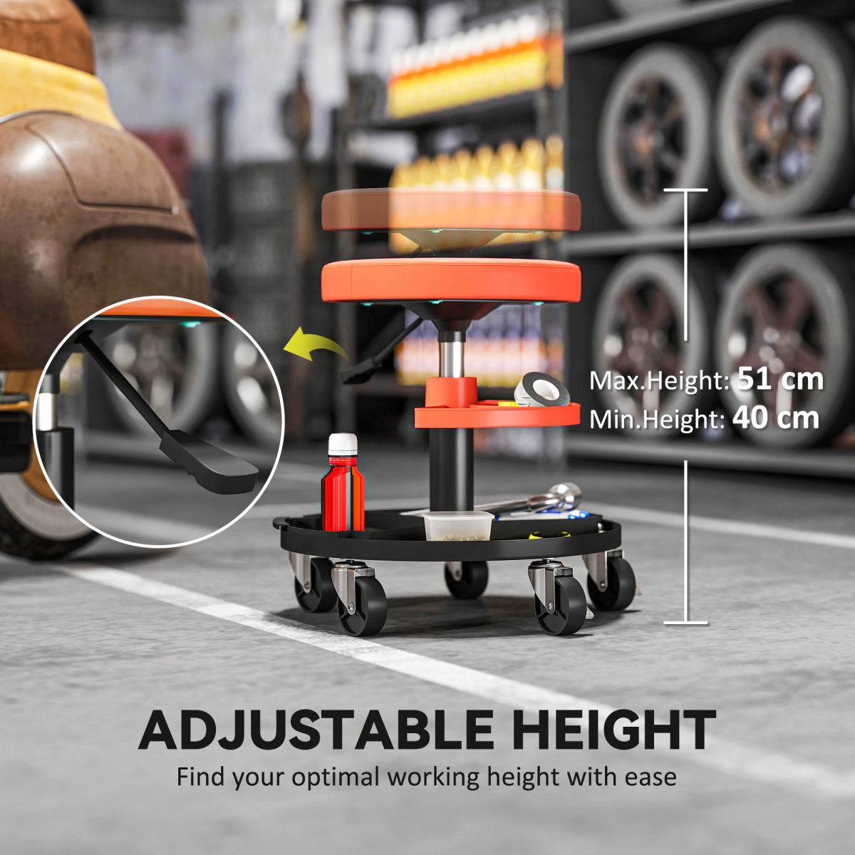HOMCOM Rolling Mechanic Stool, 135kg, Height Adjustable, Yellow