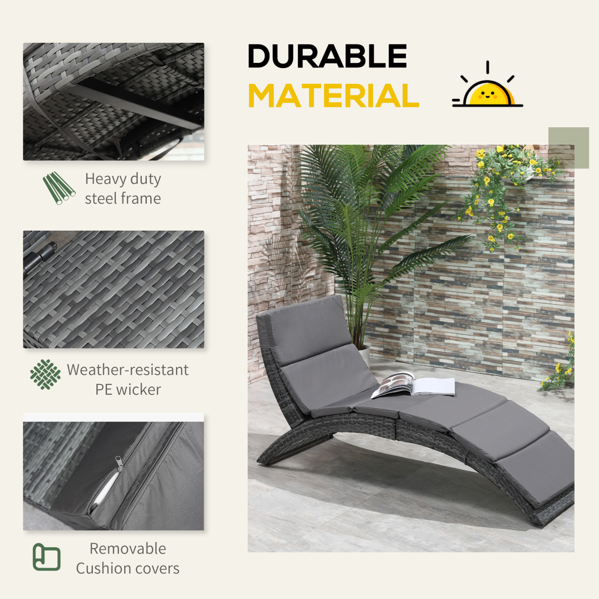 Garden Patio Rattan Wicker Folding Sun Lounger Cushion Grey
