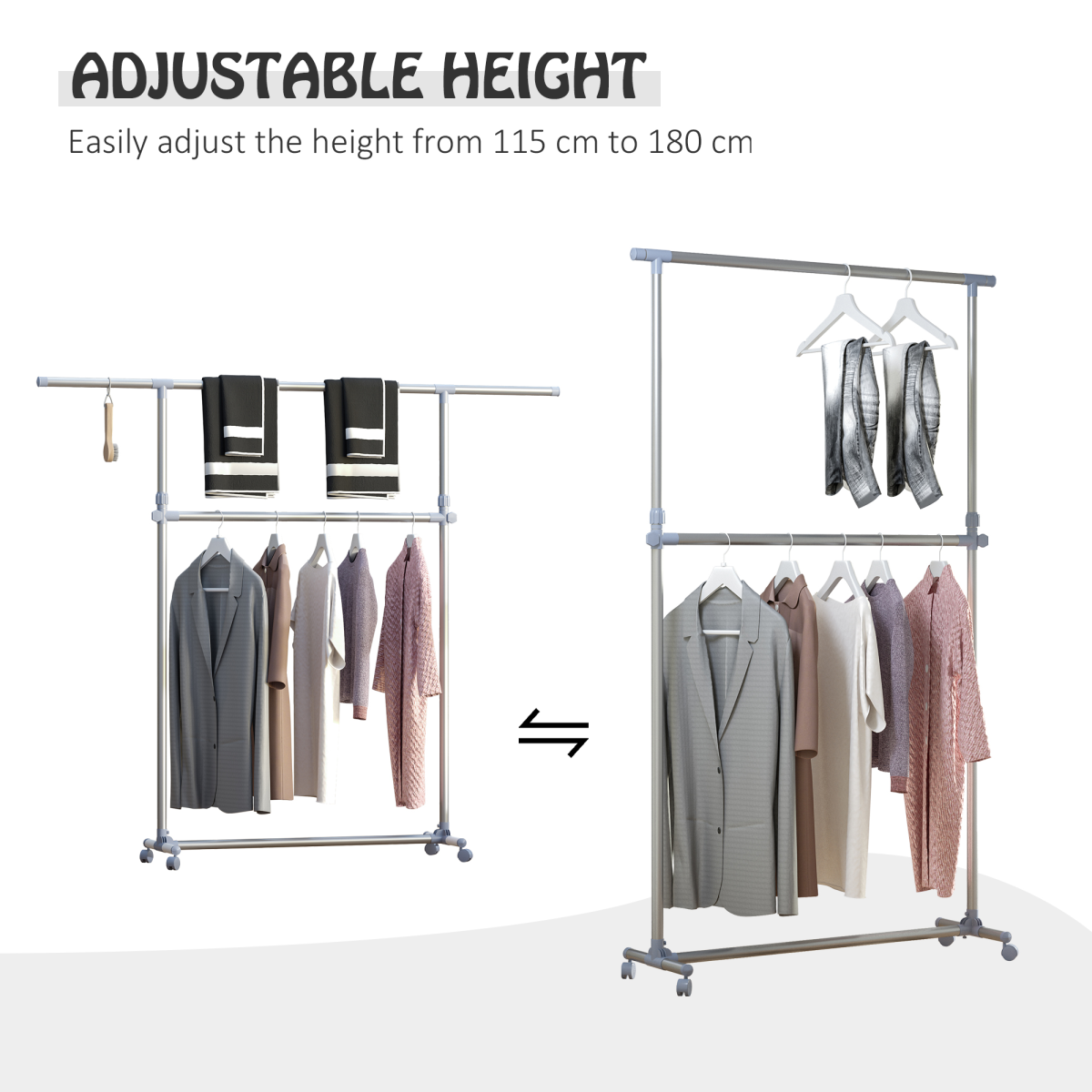 HOMCOM Adjustable Clothes Hanger with Wheels, Heavy Duty, Silver/Grey