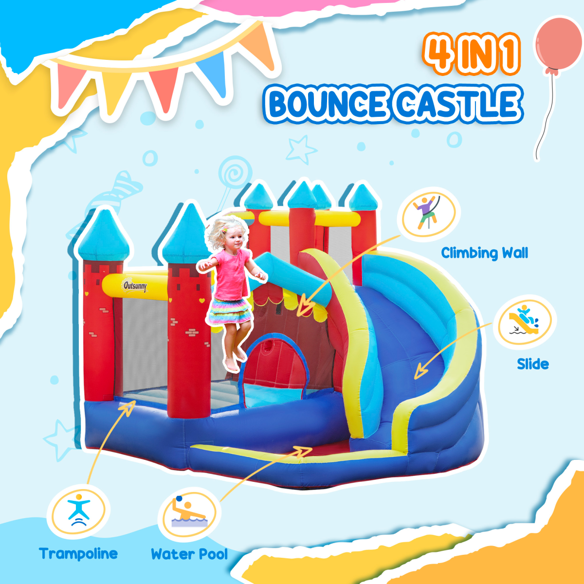 Inflatable Bouncy Castle with Slide, Pool, Trampoline, Wall & Blower