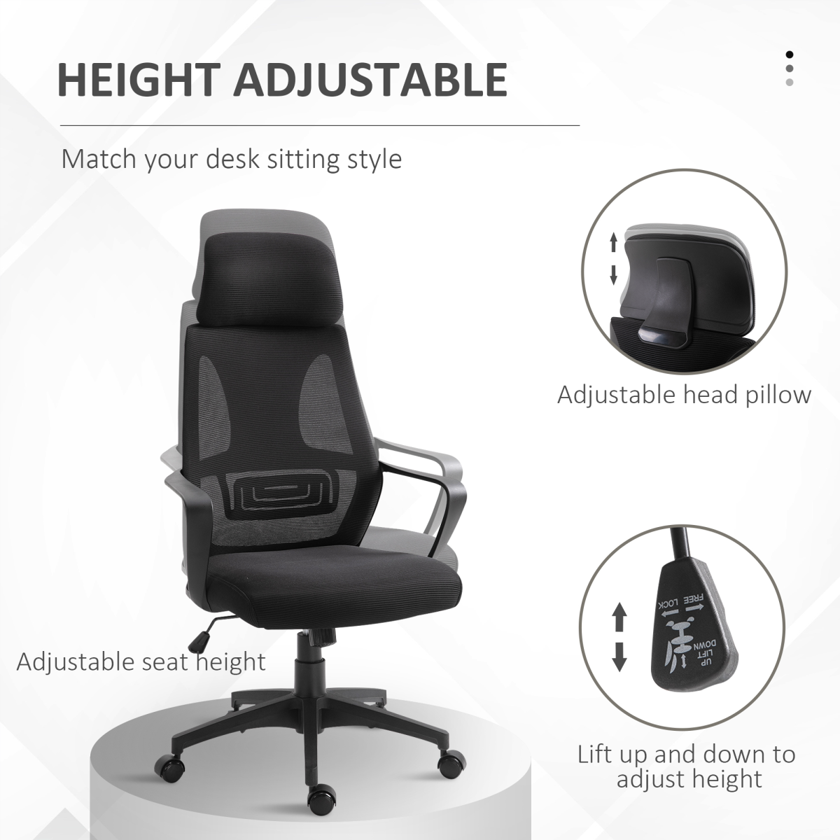 Black Mesh Office Chair with Adjustable Height and Padded Headrest