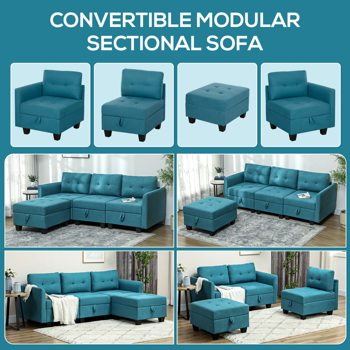 HOMCOM Convertible Modular Sectional Sofa with Storage, Light Blue