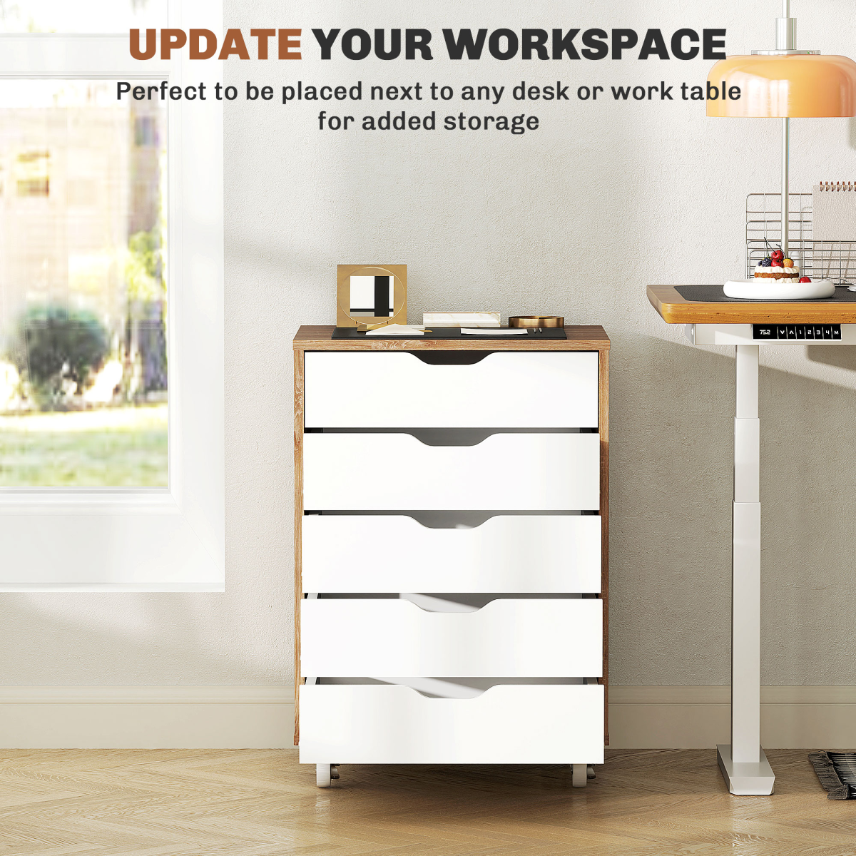Vinsetto 5-Drawer Mobile File Cabinet with Wheels, Brown