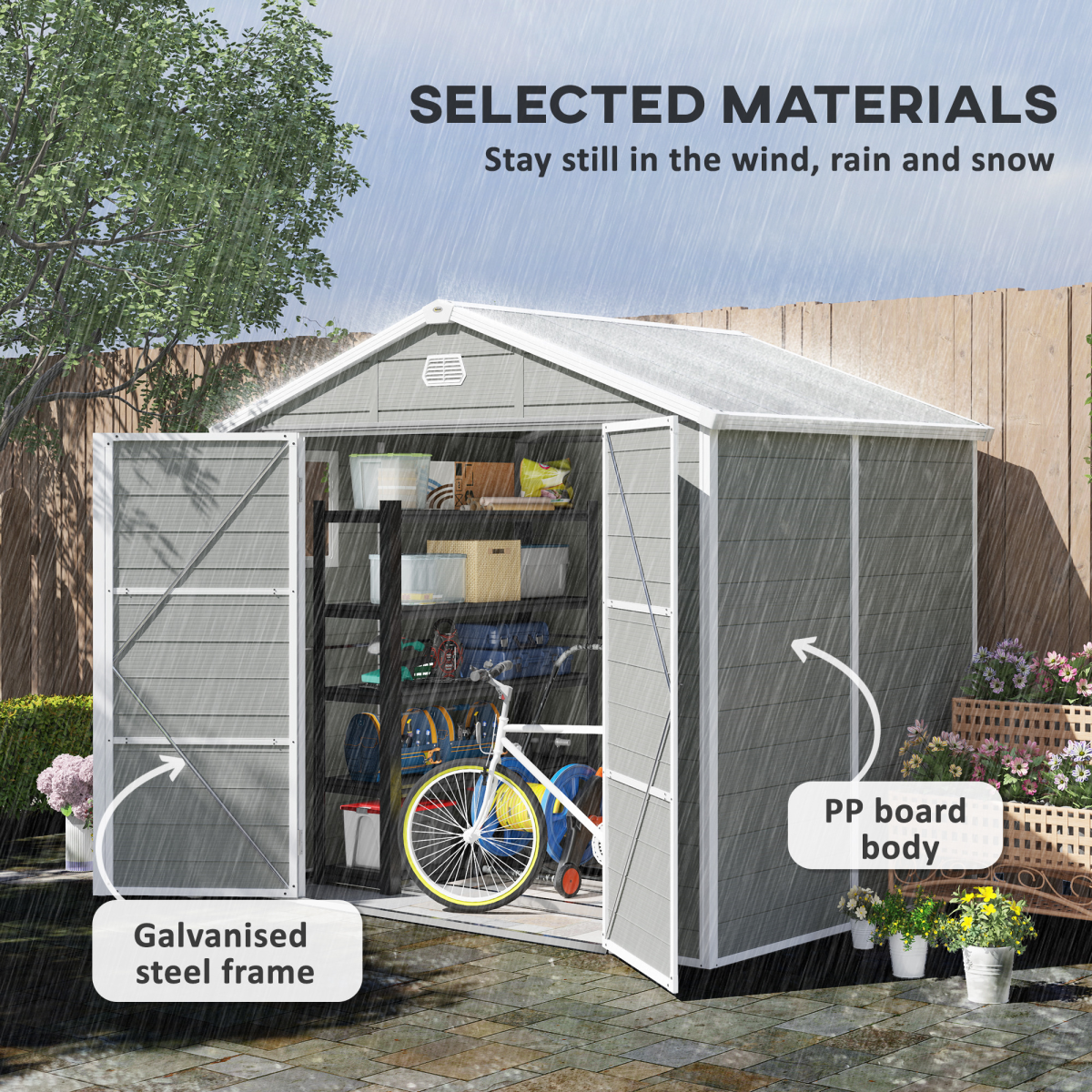 Outsunny 8 x 6ft Garden Storage Shed with Foundation Kit, Light Grey