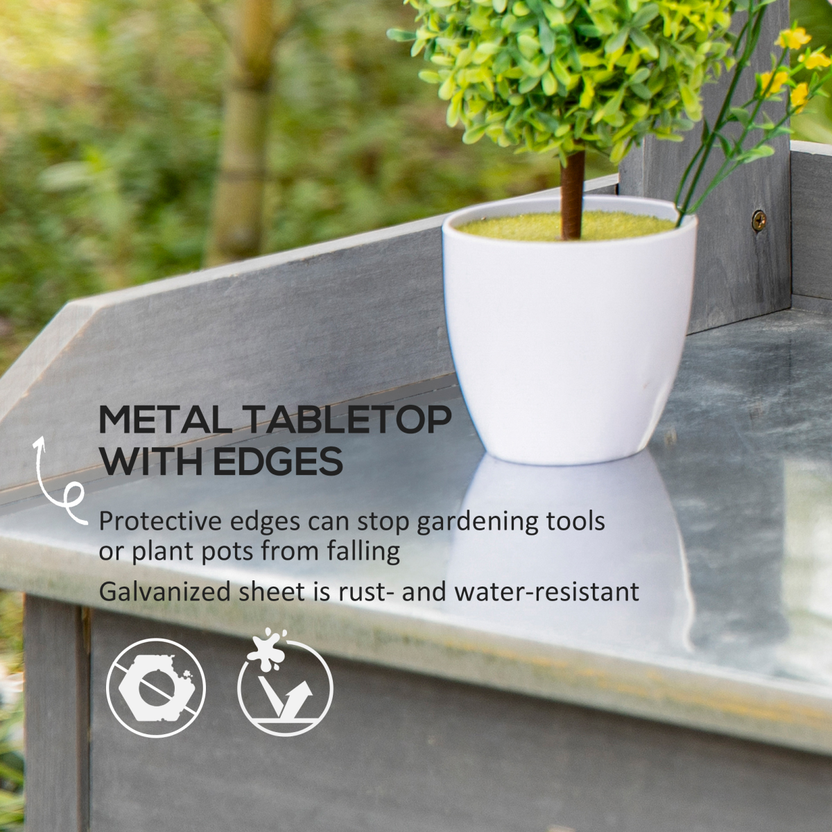 Outsunny Garden Potting Workstation Bench with Galvanized Metal Tabletop, Drawer, Shelves and Tool Hooks