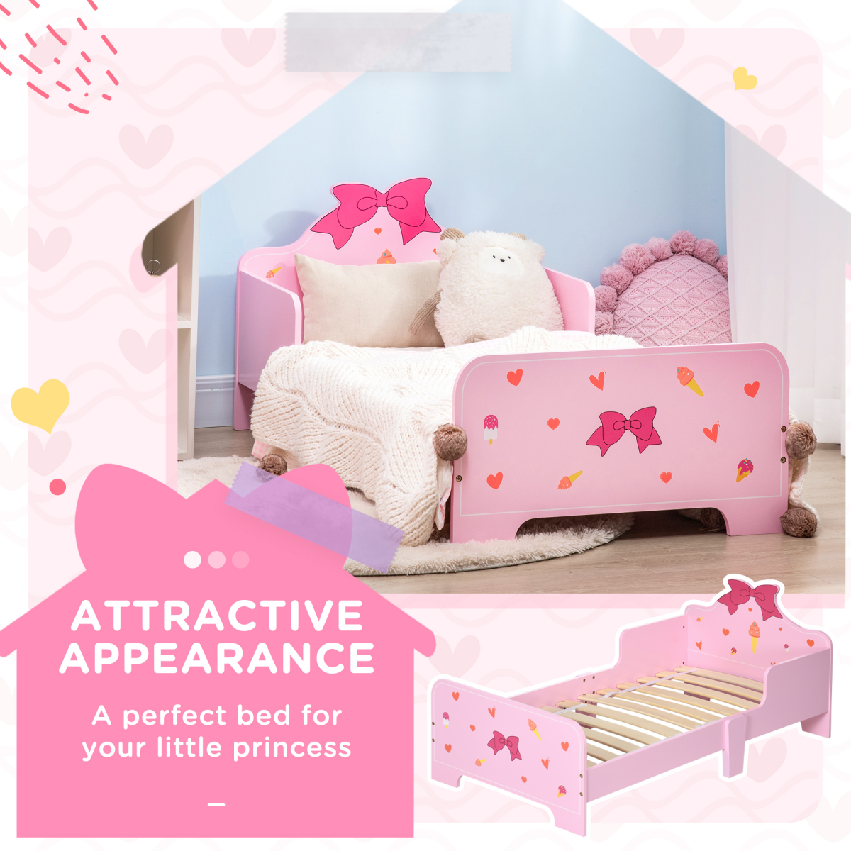 Pink Princess Toddler Bed with Safety Rails, Low Frame