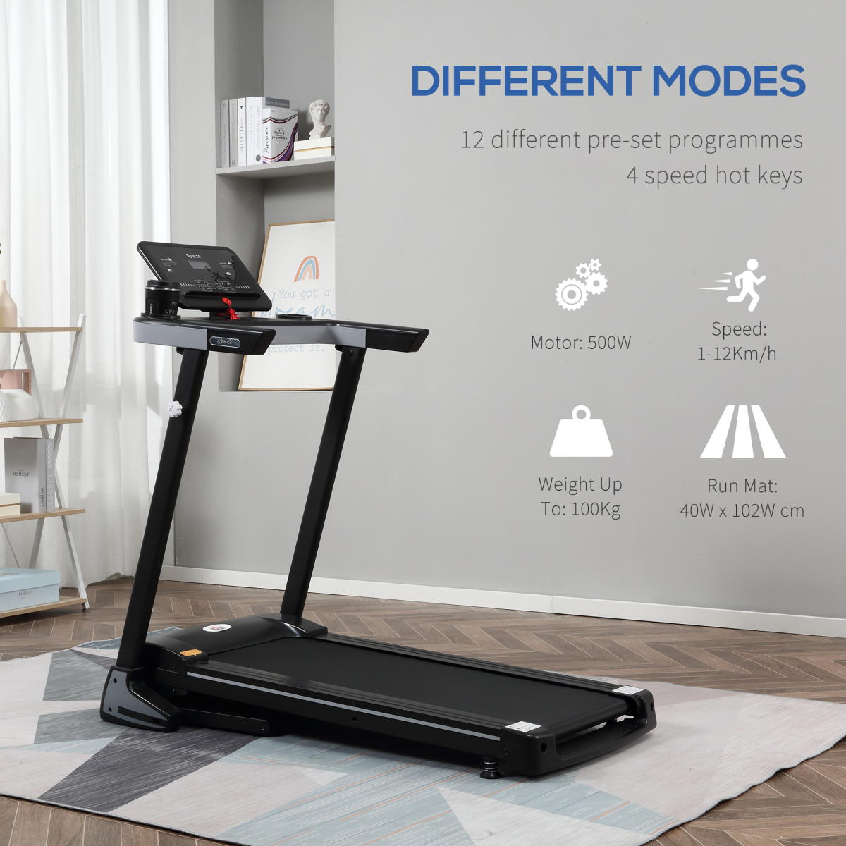 HOMCOM 500W Motorised Treadmill 1-12km/h Foldable Frame with Wheels, 12 Preset Programs, LCD Screen, Safety Key