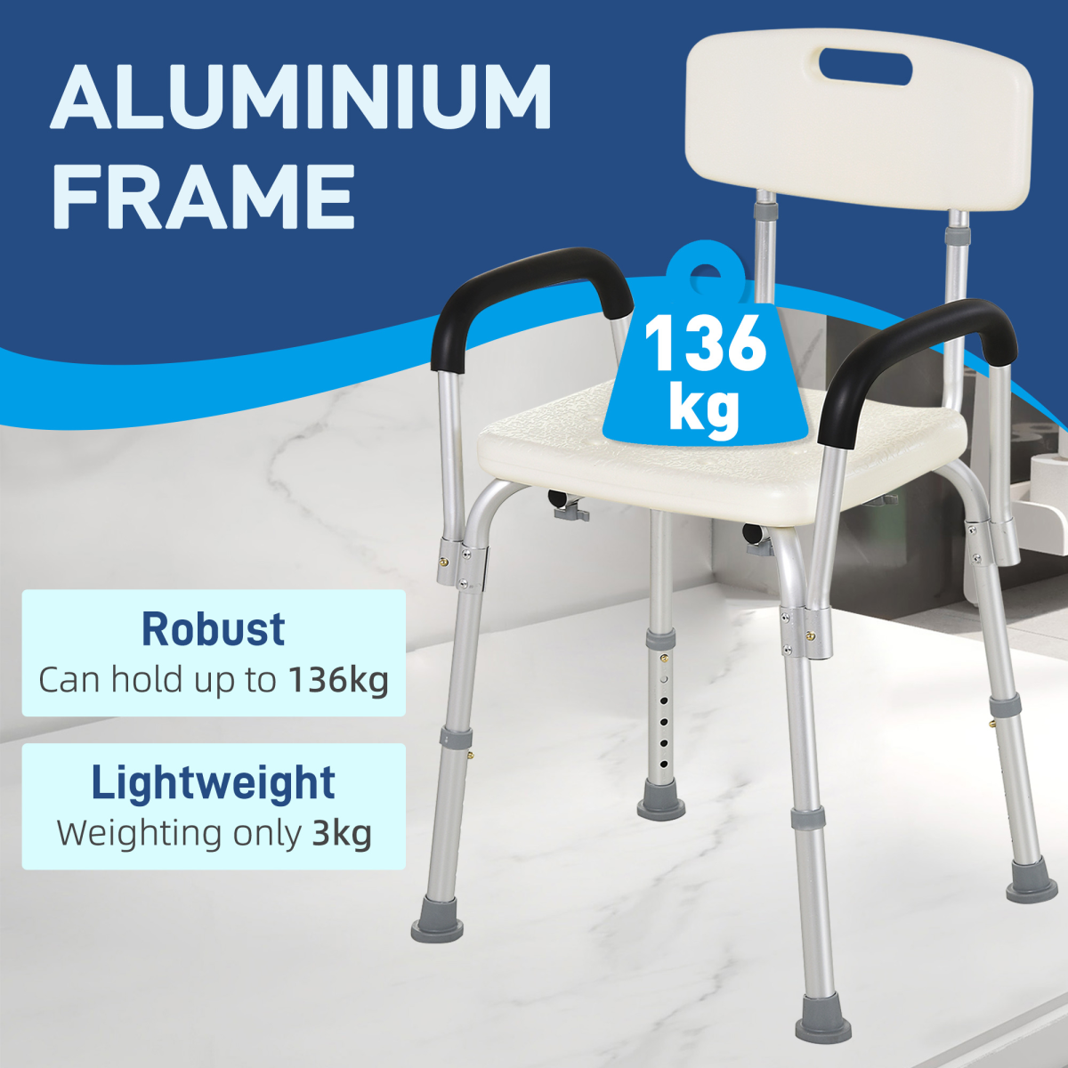HOMCOM Height Adjustable Aluminum Shower Chair with Removable Back Support, Padded Armrests, Padded Handles, Non-Slip Tips, 135kg Capacity