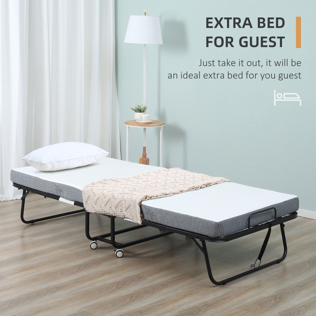 HOMCOM Folding Bed with 10cm Mattress, Portable Foldable Guest Bed, Metal Frame, 4 Wheels, 150kg Max Load