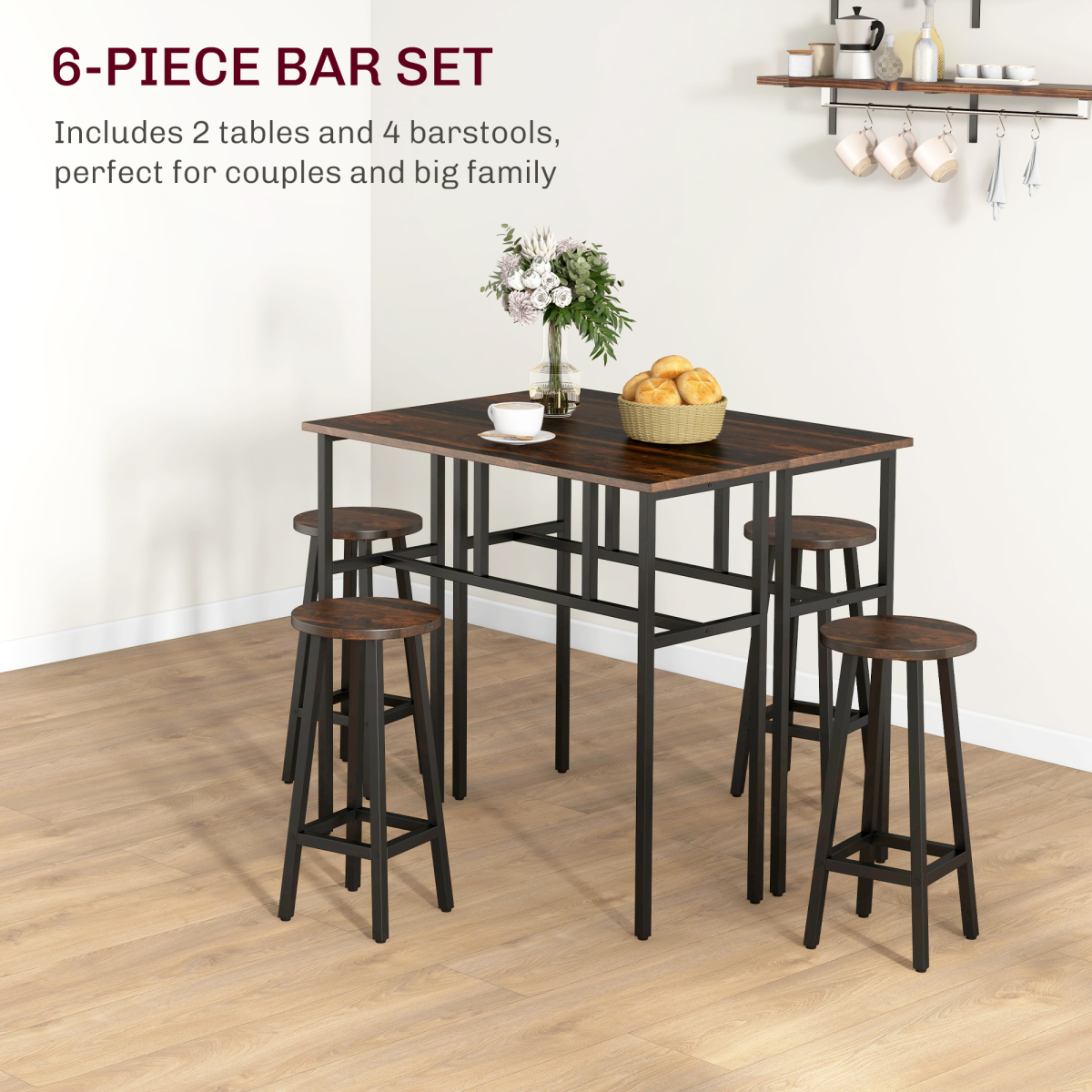 HOMCOM 6-Piece Industrial Bar Table Set, 2 Tables 4 Stools, Brown
