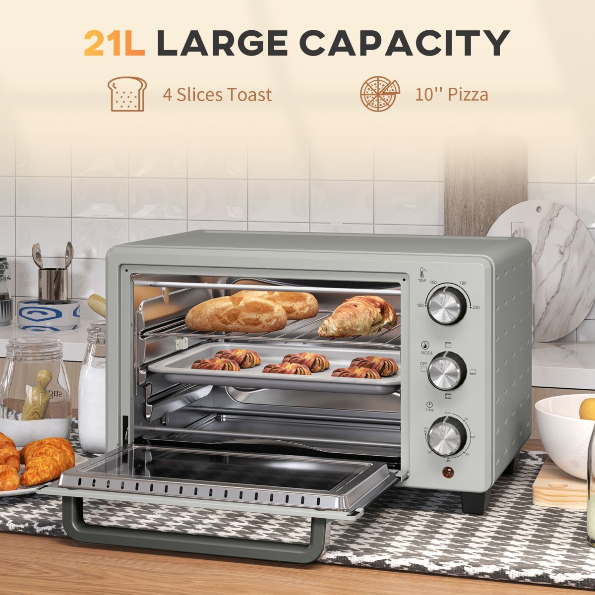 HOMCOM 21L Electric Mini Oven with Adjustable Temp, 1400W, Silver