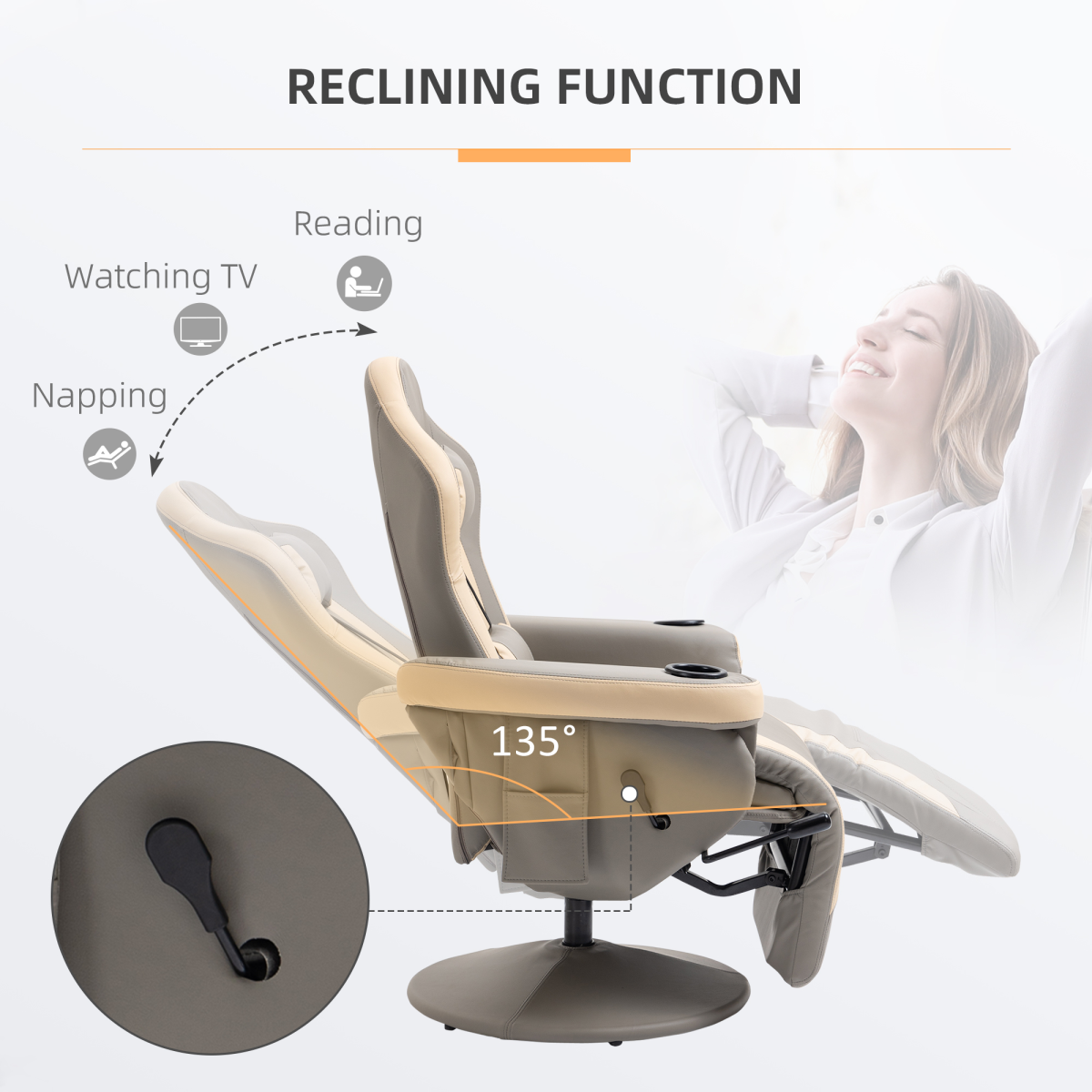 HOMCOM Manual Recliner Armchair with Footrest, 135° Reclining, 360° Swivel, Faux Leather