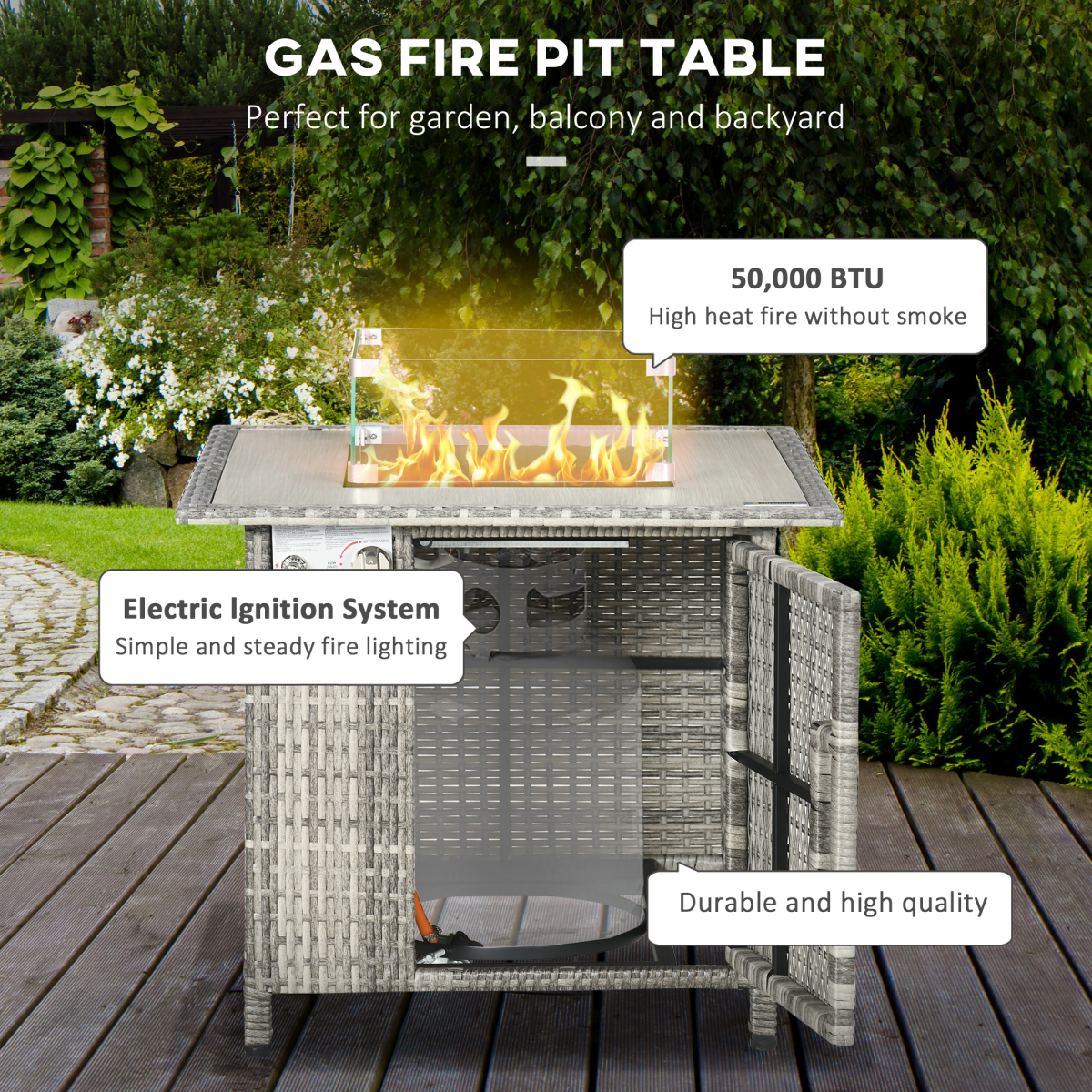 Outsunny Gas Fire Pit Table, 50,000 BTU, Rain Cover & Wind Guard