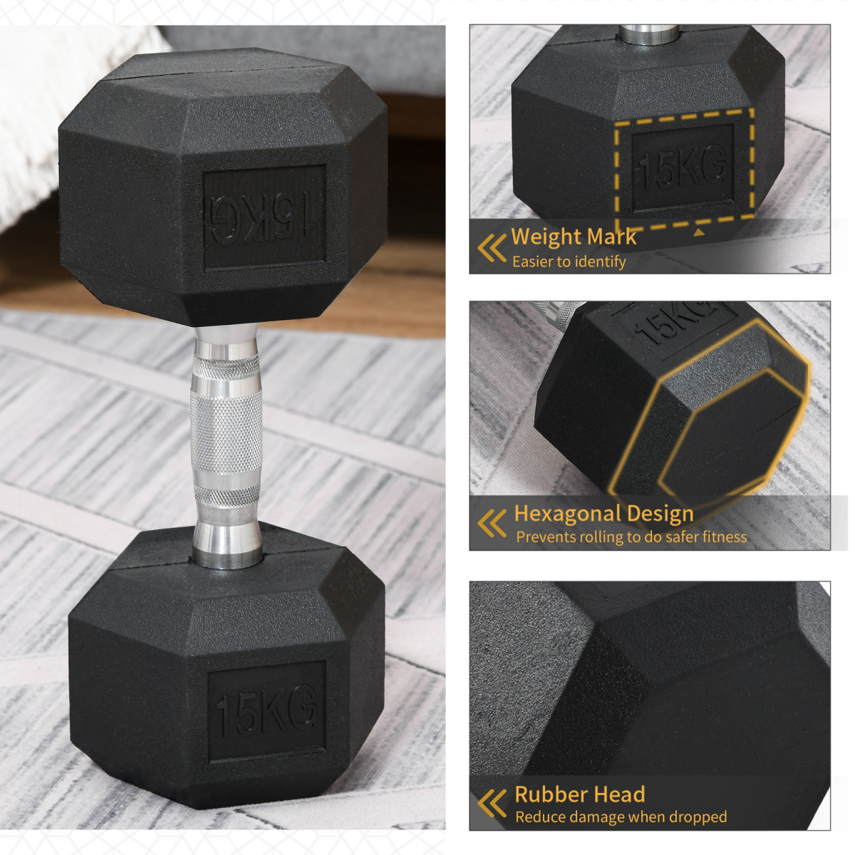 15KG Single Rubber Hex Dumbbell, Portable Hand Weight for Home Gym