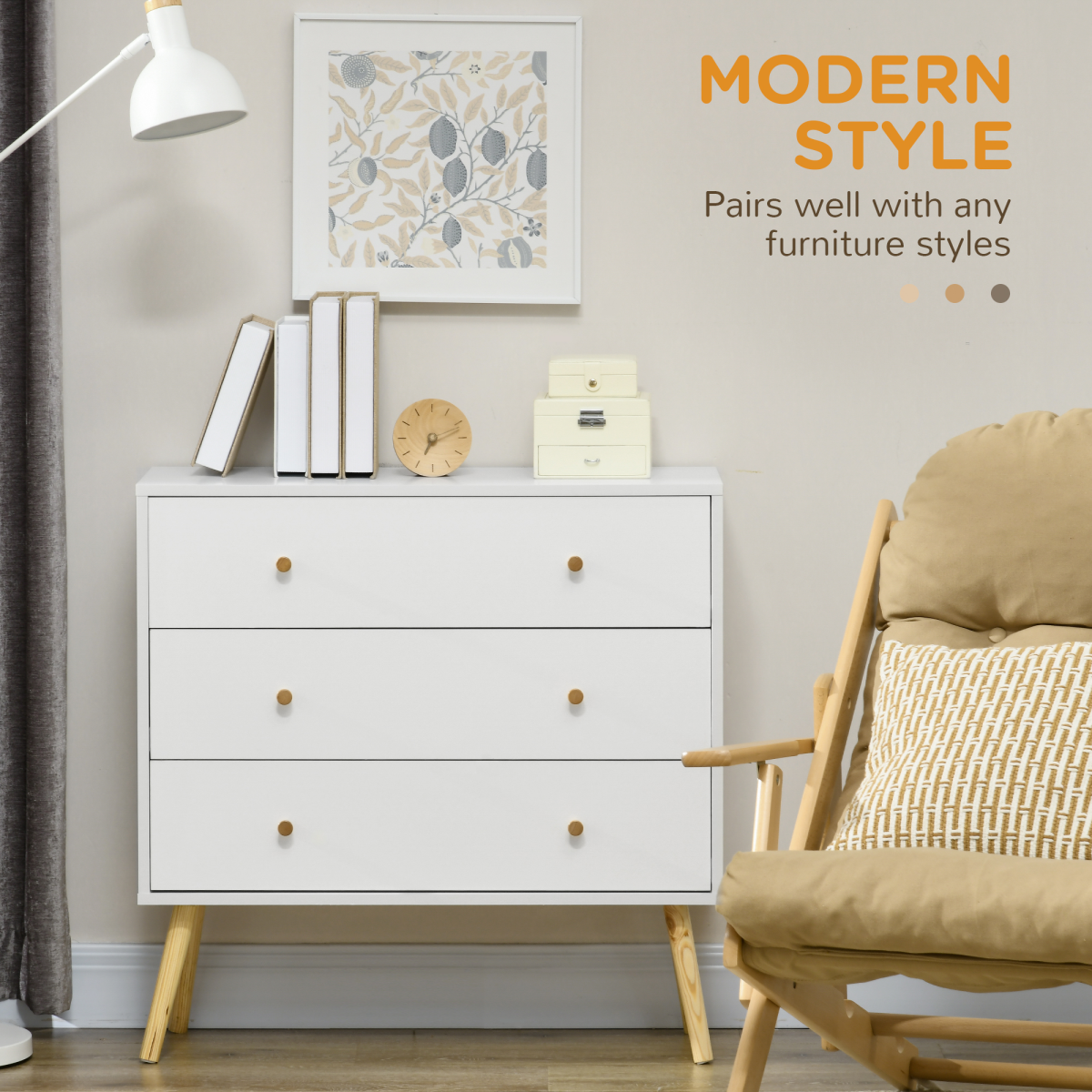 White 3-Drawer Chest of Drawers with Wood Legs