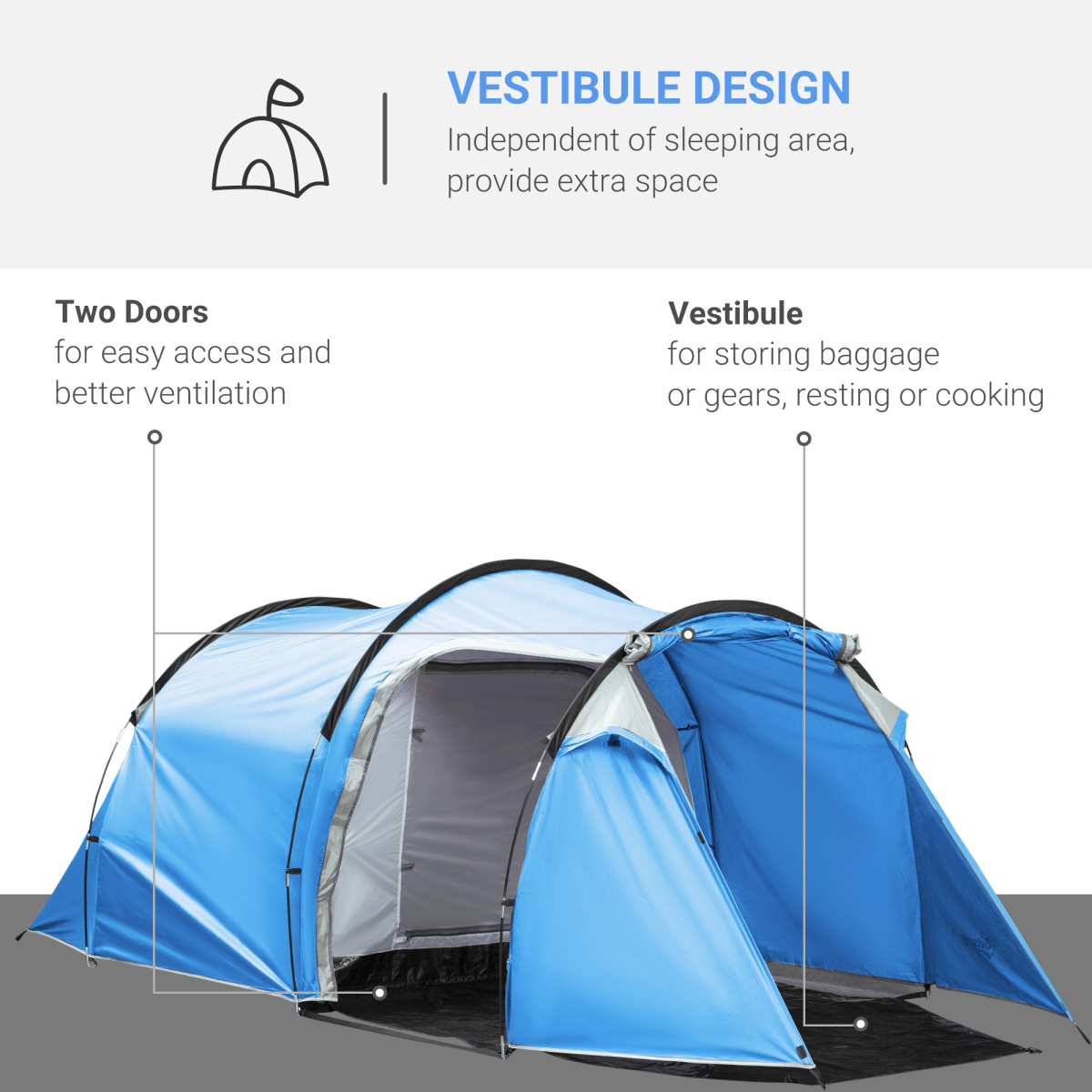 Outsunny 3 Man Camping Tent, 2-Room Design with Front Porch, Mesh Vents, Weather-Resistant, 2000mm Waterproof Index