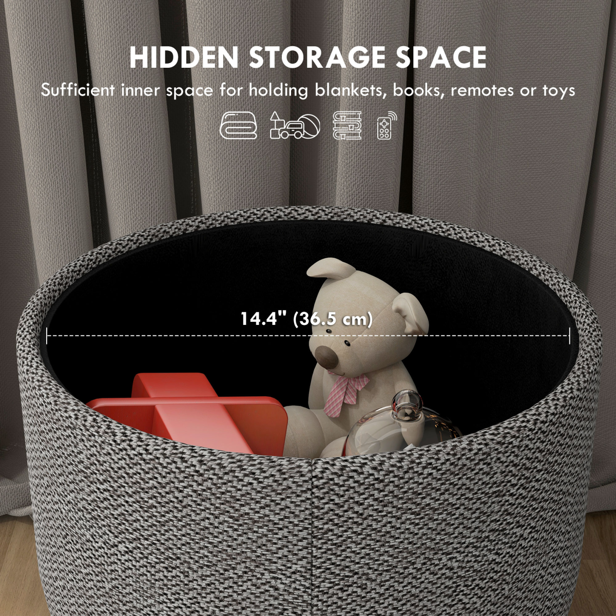 HOMCOM Round Storage Ottoman Stool with Cushioned Top & Hidden Storage