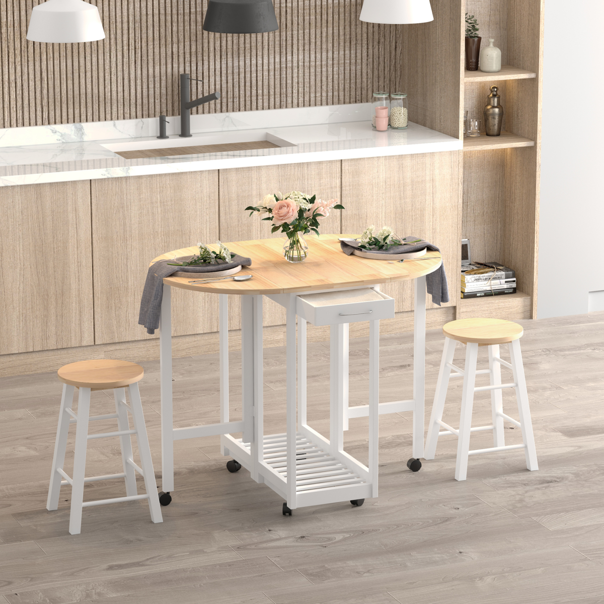 3-Piece Folding Dining Set with Rolling Cart and Stools