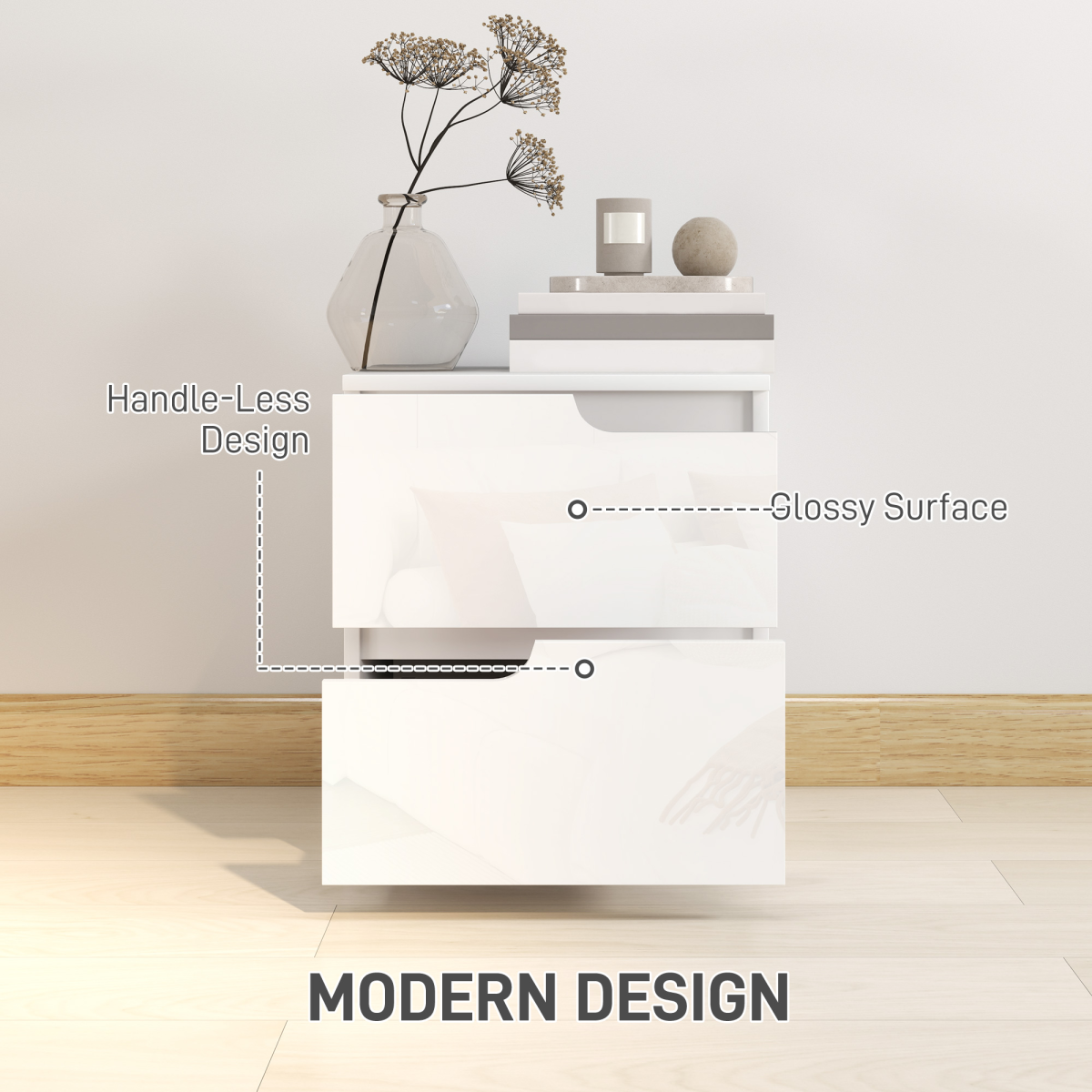 HOMCOM Modern White Bedside Table with 2 Drawers for Bedroom