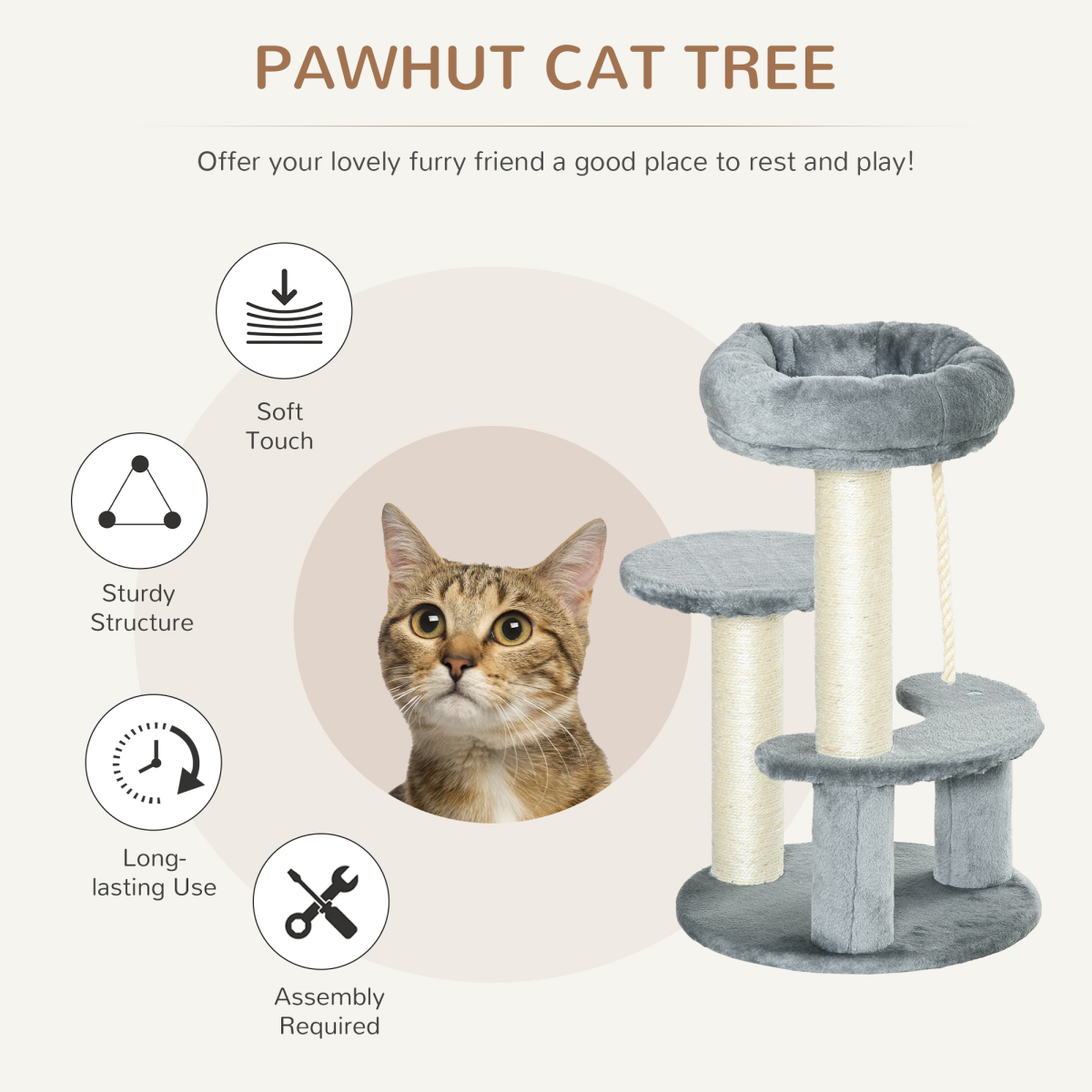 PawHut Cat Tree Scratcher Activity Center with 2 Perches, Scratching Posts and Hanging Sisal Rope
