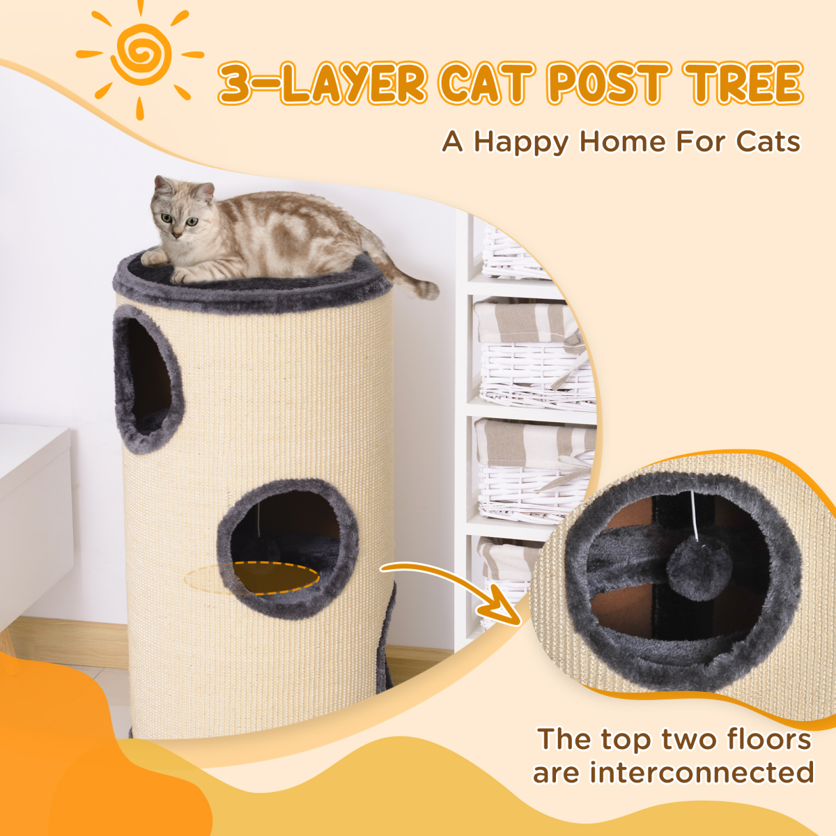Cat Scratching Barrel Sisal Activity Center with 3 Dens and Observation Deck 70Hcm