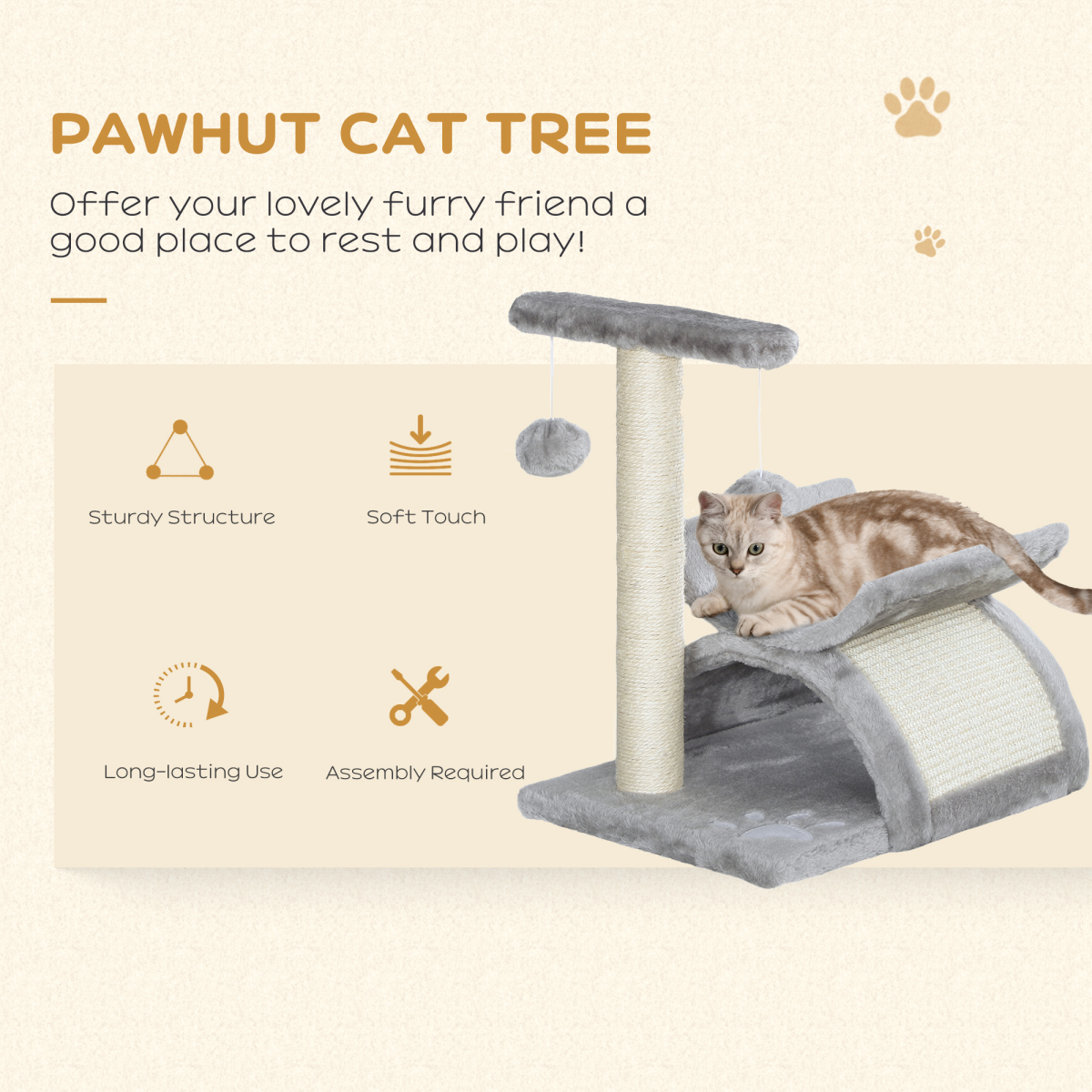 PawHut Small Cat Play Tower Plush Scratcher with Tunnel, Scratching Bridge and Dangling Balls