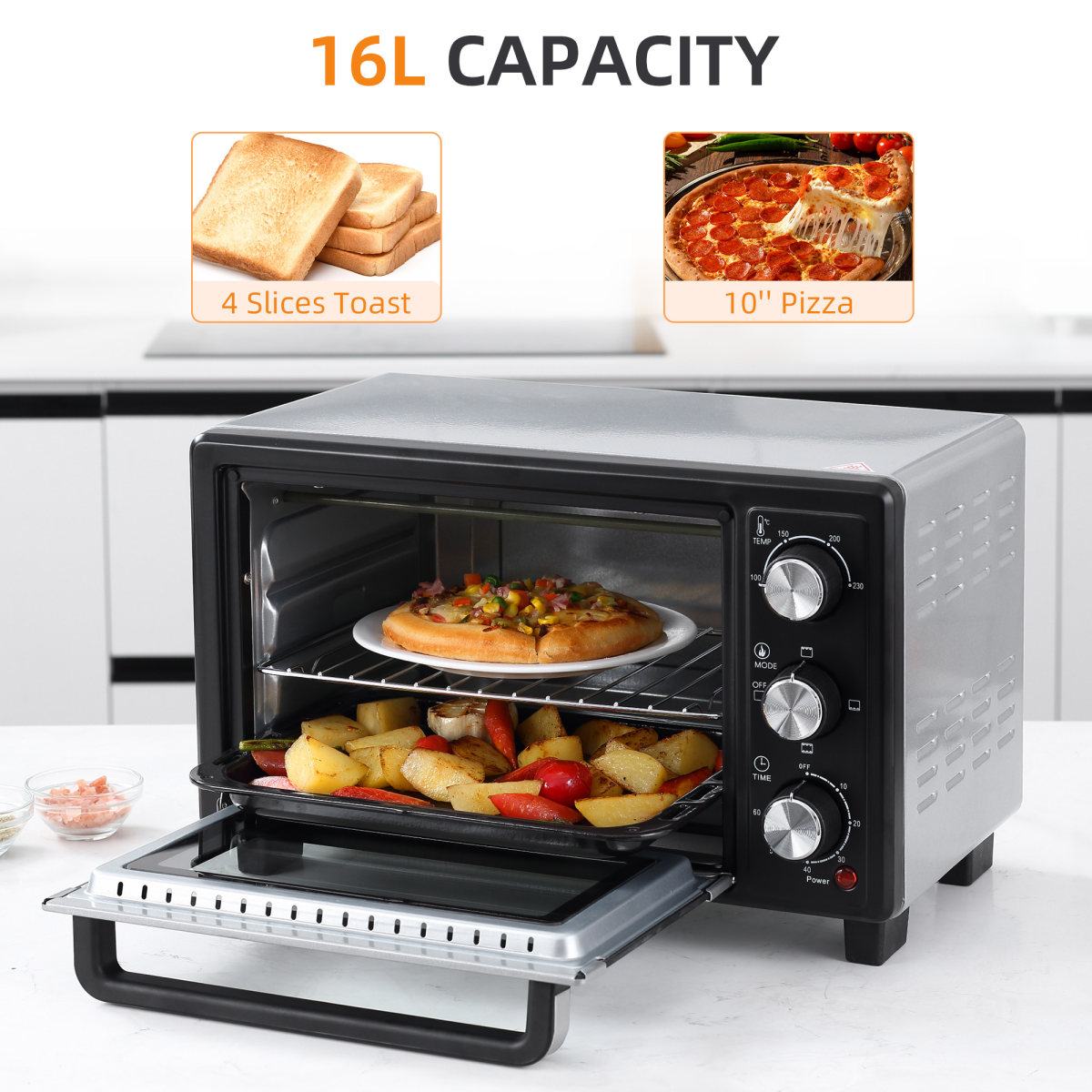 HOMCOM 16L Mini Oven with Grill, 1400W Toaster Oven, Adjustable Temperature, 0-60 Min Timer